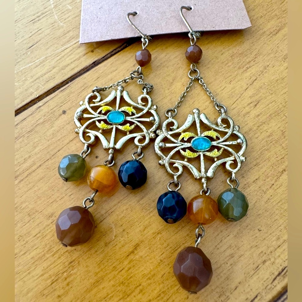 Gold Tone Beaded Dangle Earrings - Clasp backings